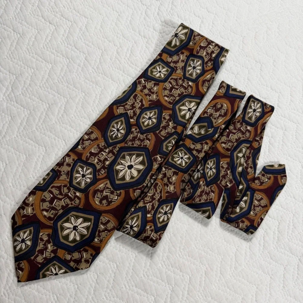 Robert Talbott Mens 100% Silk Tie Geometric Floral Burgundy‎ Gold Blue USA Made